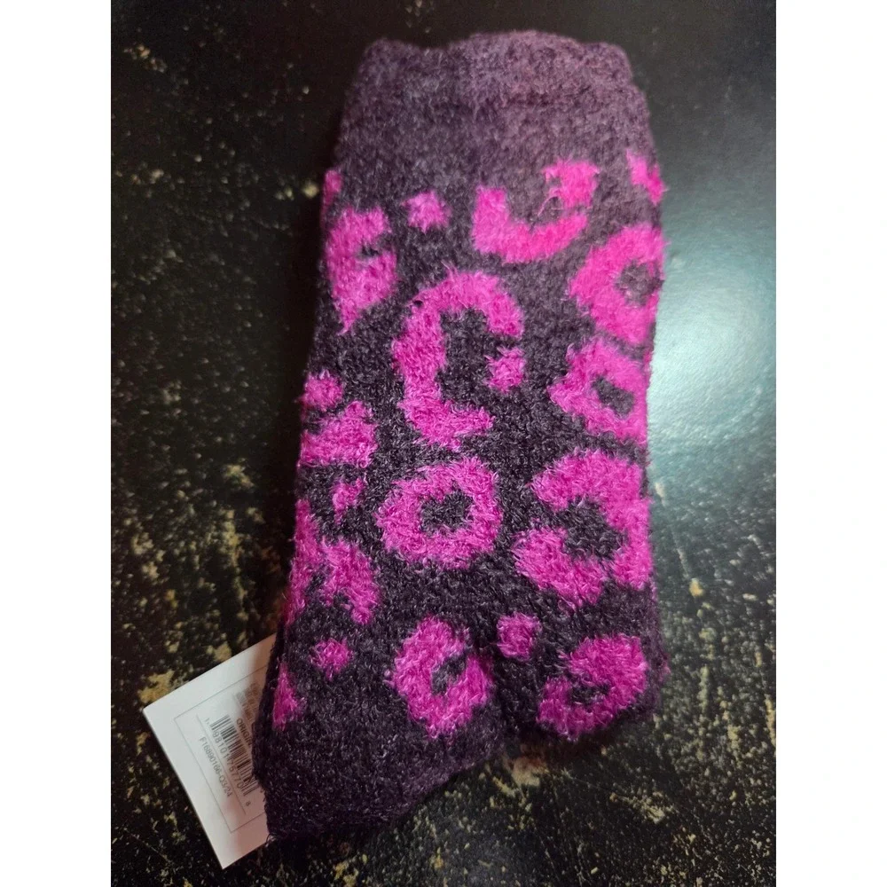 Auden Purple Pink Leopard Print Cozy Crew Socks Super Soft Fuzzy NWT Size 4-10